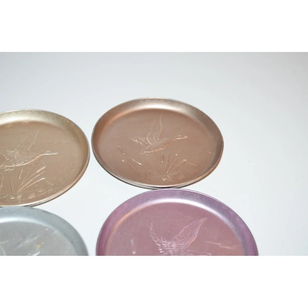 Vtg 6 pc set Ducks Flying‎ Over Cattails Embossed Aluminum Coasters